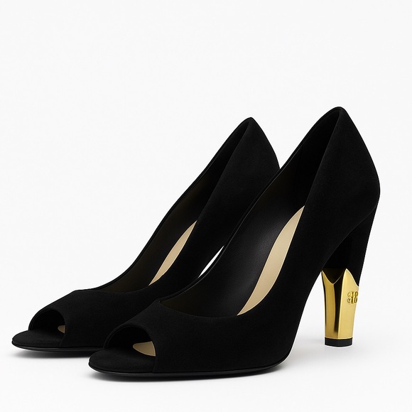 Chanel Black Suede Peep-Toe Heels w/ Gold CC Logo Heel Size 37.5 - Picture 1 of 12